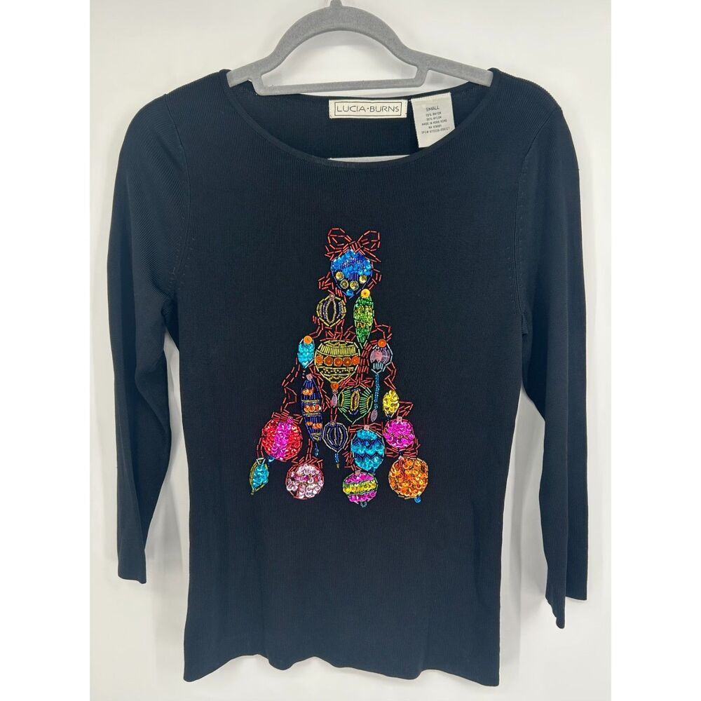Vintage Beaded Christmas Tree Ribbed Knit Sweater Women's Sequin Ornaments S
